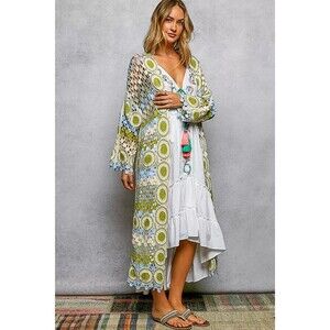 POL Scalloped Edge Open Front Crochet Cardigan with Colorful Stripe Pattern